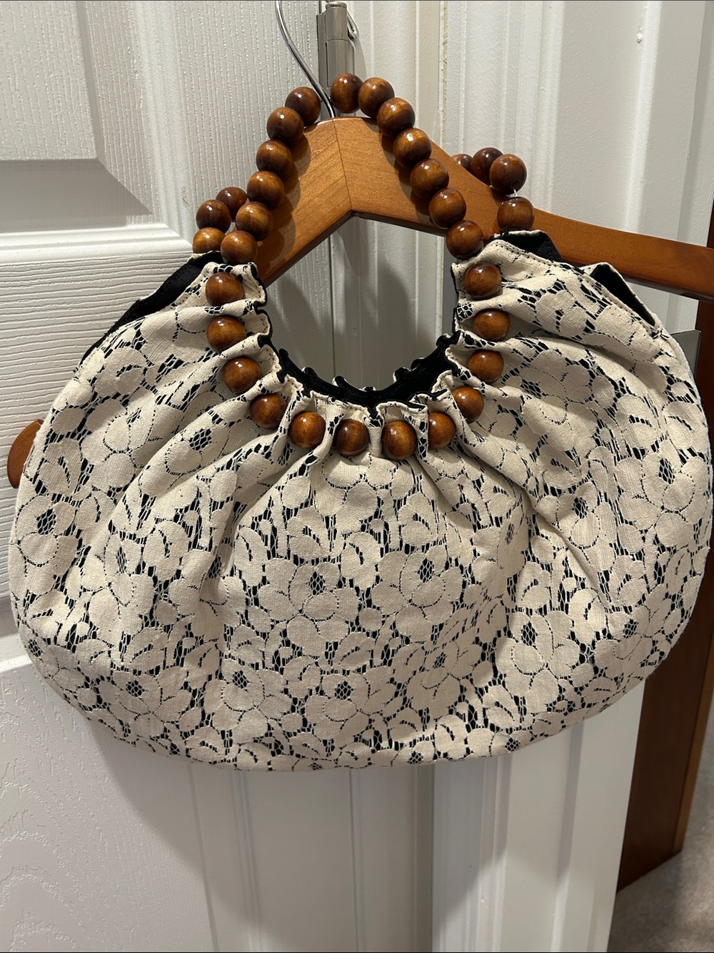 Talbots Cream and Black Lace-Overlay Mini Bag with Wooden Bead Handles